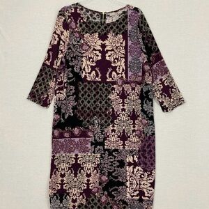 Chico's Travelers Purple and Black Damask Print Slinky Stylish Dress.